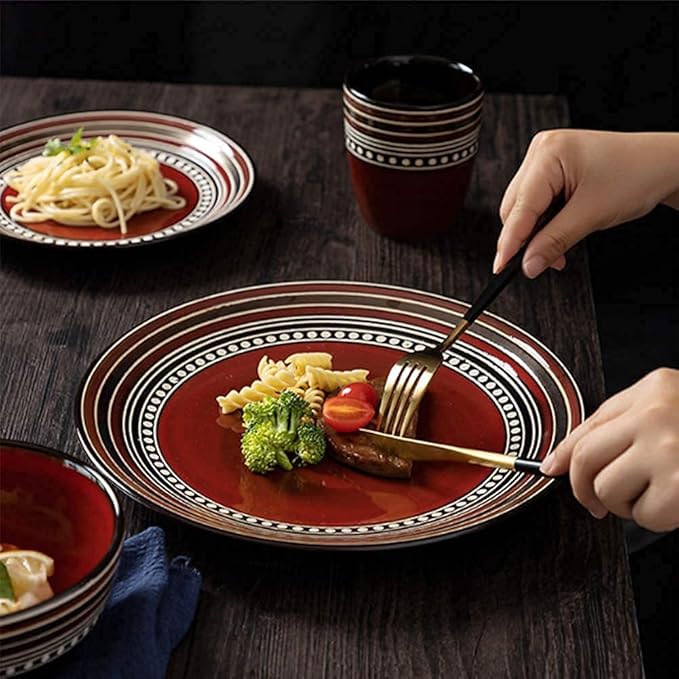 Dinnerware Sets Dish Set,4-Pieces,Retro Porcelain Tableware Set with Plates,Bowls and Mugs,Red Ceramic Dinner Set for Home Kitchen Dining