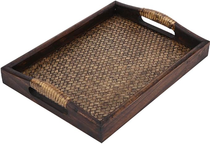 Woven Rattan Rectangle Serving Tray, 9 in Hand Woven Rattan Serving Tray Hand-Made with Raised Handles and Wood on All Sides Decorative for Dining Coffee Table Tea Party