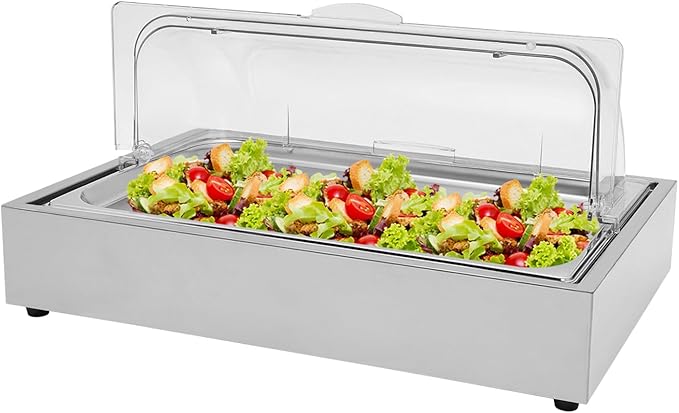 Ice Food Serving Display Tray, 6L/1.59Gal Stainless Steel Buffet Cold Serving Plate w/Clear Roll Top Cover Recyclable Fruit Tray Cooling Food Dishes for Hotel and Party