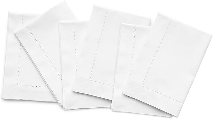 Solino Home White Napkins Set of 6 - Cotton Linen Hemstitch Dinner Napkins Cloth 20 x 20 Inch for Winter, Valentines, Spring, Easter - Handcrafted and Machine Washable