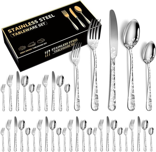 XIAOYU 40 Piece Silverware Set, Stainless Steel Flatware Set, Service for 8, Unique Pattern Design, Includes Dinner Knives/Forks/Spoons, Mirror Polished Cutlery Set, Silver