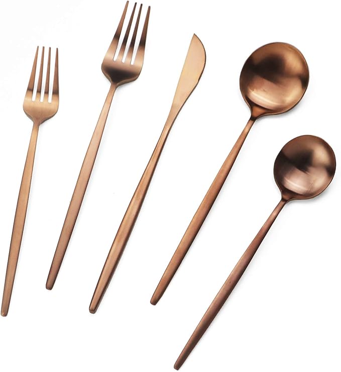 Copper Silverware Set JASHII 40-Piece Flatware Set 304 Stainless Steel Flat Cutlery Set for 8 Matte Kitchen Forks Knife Spoons Set, Satin Finish Tableware Set for Home and Restaurant, Dishwasher Safe
