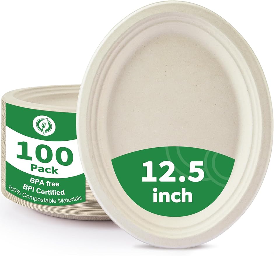 Compostable Biodegradable Disposable Oval Paper Plates, Large 12.5″ [100-Pack] - Heavy Duty Leak-Resistant Disposable Plates for BBQ, Picnic, Party, Birthday, Events, Dinner, Appetizer, Dessert & Cake