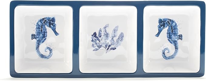 Sea Life 3-Piece Hostess/Serving Set Blue Navy White Coastal Modern Contemporary Rectangle 3 Piece Dishwasher Safe