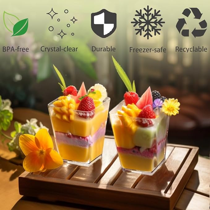 30 Pack 5 oz Square Dessert Cups with Spoons, Clear Plastic Parfait Cups for Party, Mini Serving Shooter Appetizer Cups, Dessert Shot Glasses for Tasting Samples Fruit Ice Cream