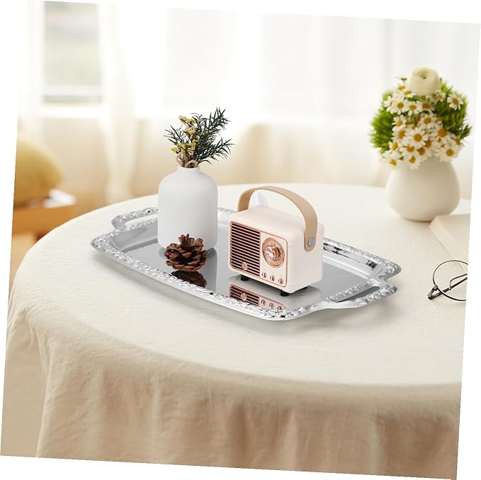Veemoon Rectangular Silver Serving Tray - Vintage Metal Tray for Whiskey - Dining Tableware and Decorative Platter Perfect for Entertaining and Home Decor