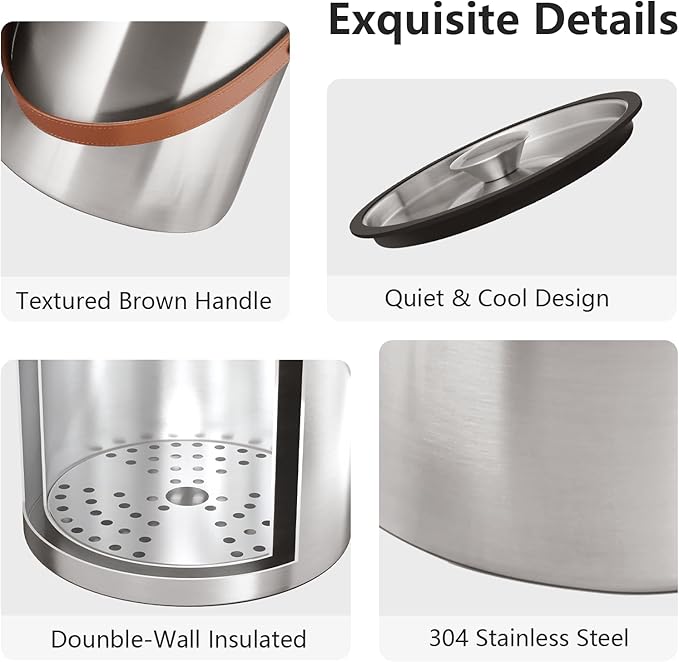 4L Ice Bucket with Lid, Scoop,Tongs & Strainer, Stainless Steel Double Wall Insulated Ice Buckets for Parties & Cocktail Bar, Large Outdoor Champagne Ice Container, Light Brown Handle