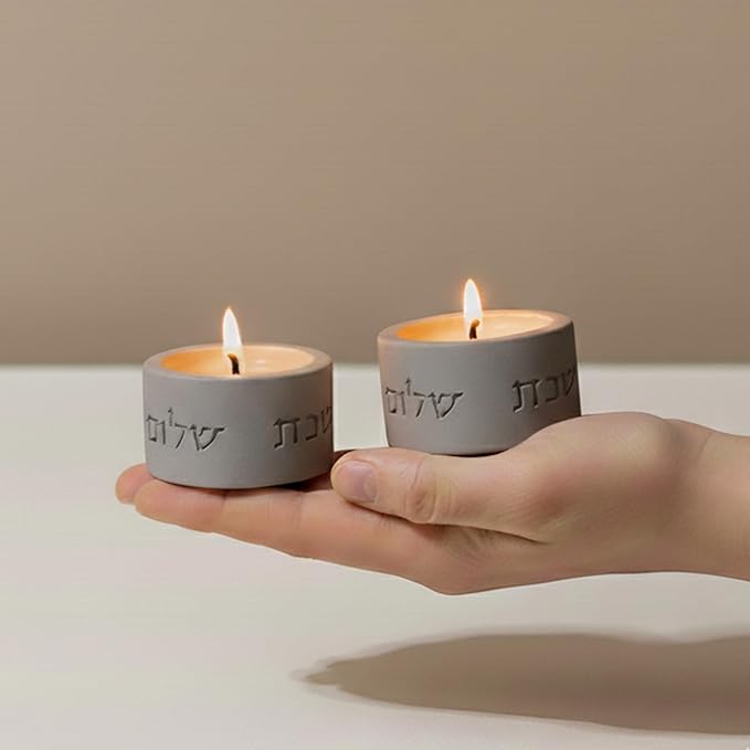 SURI Shabbat Candle Holders Set – Modern Judaica Shabbat Candlesticks for Tea Lights – Concrete Shabbos Candles Holders, Dripless Design – Jewish Gift & Home Decor