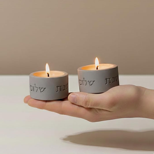 SURI Shabbat Candle Holders Set – Modern Judaica Shabbat Candlesticks for Tea Lights – Concrete Shabbos Candles Holders, Dripless Design – Jewish Gift & Home Decor