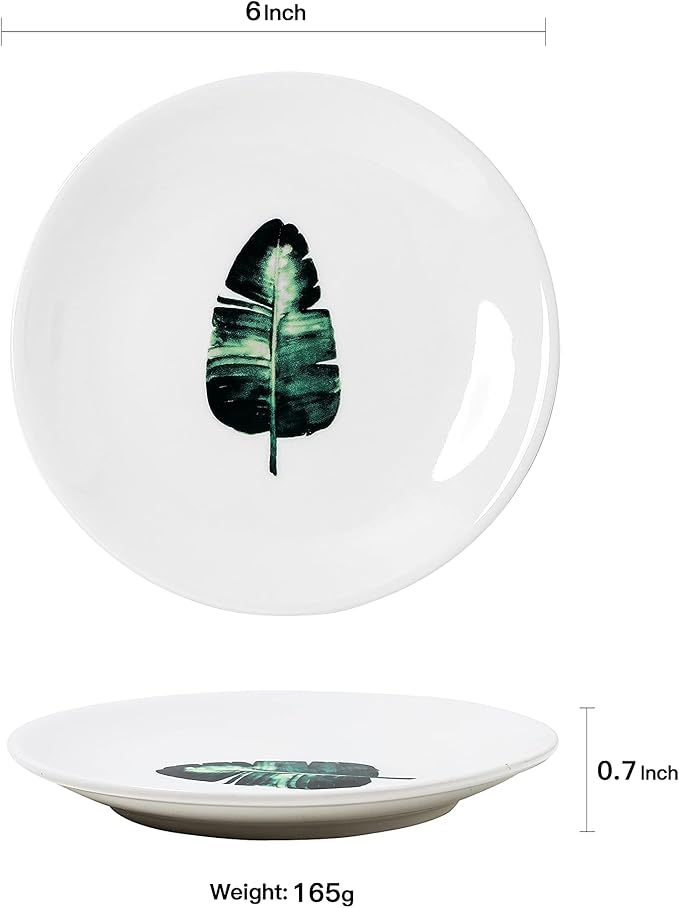 6 Inch Set of 6 Assorted Designs, Small Porcelain Plates with Plants Pattern,White Ceramic Dinnerware for Appetizer Luncheon Snacks Dessert Serving Bread, Microwave Oven Dishwasher Safe