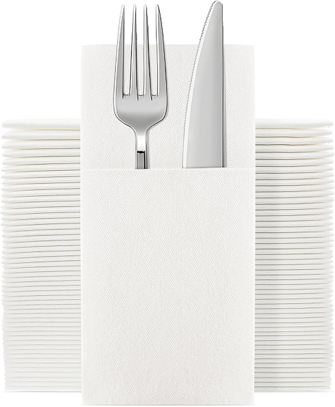 JEBBLAS 100Pack Disposable Cloth Like Napkins, Built-in Flatware Pocket, Wedding Party Linen Feel White Napkin, Prefolded for Silverware