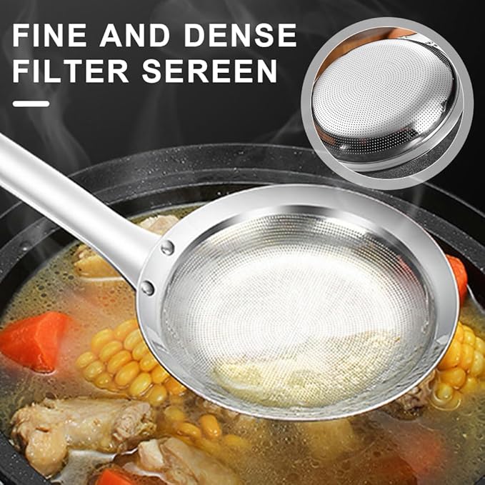 Fine Mesh Stainless Steel Colander Spoon,2025 New Extra Fine Mesh Strainer with Handle,304 Stainless Steel Skimmer Spoon Kitchen Gadget for Filte Grease Foam (1, A Style, Large)