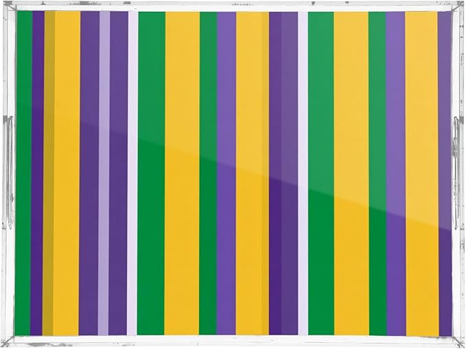 Serving Tray with Handles Clear Acrylic Tray 12x16 Inch Decorative Rectangular Tray Organizer for Ottoman Coffee Table Bathroom Mardi Gras Stripe Purple Yellow