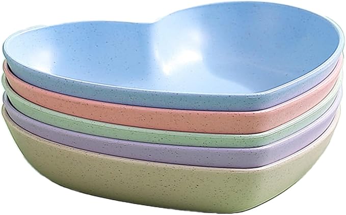 Incauca 5 Pack 6 Inch Heart Shape Mini Dipping Sauces Bowls, Unbreakable Wheat Straw Small Snack Dessert Dishes, Salad Plates for Sushi Side Dish Fruit Appetizer Cake, Assorted Colors