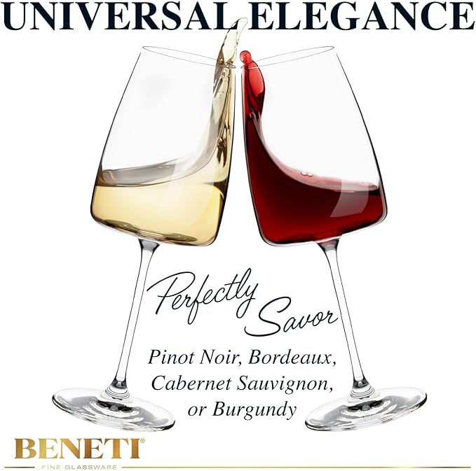 BENETI Luxury Wine Glasses Set of 4 | Handmade In Europe | 14oz Premium Crystal Red & White Long Stem Wine Glasses | Unique Modern Shape, Packaged In Beautiful Ready-to Gift, Gift Box