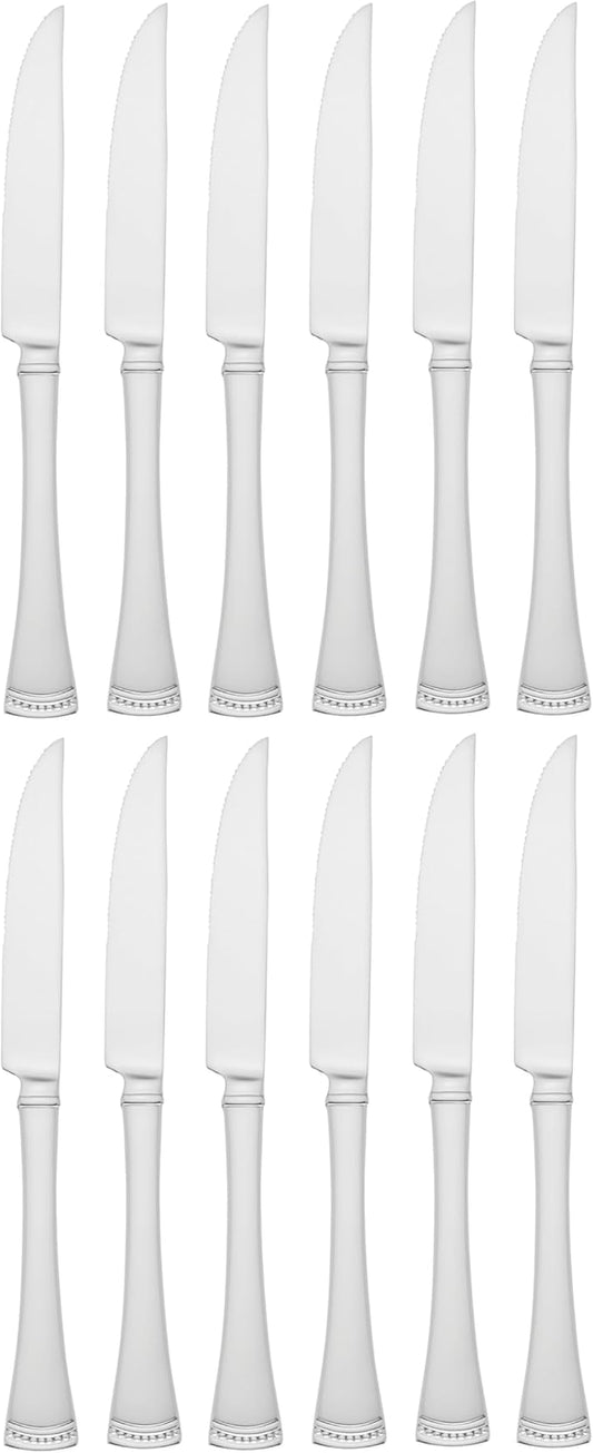 Lenox Silverware Set, Portola 12-Piece Steak Knife Flatware Set, Service For 12, Made Of 18/10 Stainless Steel, Dishwasher Safe, Home And Kitchen Utensils, Knives, Cutlery (Silver, 12 Piece)