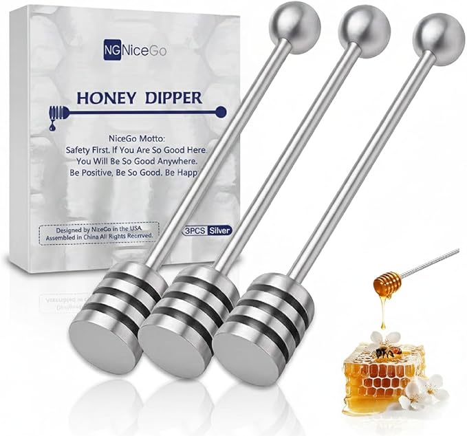 Honey Dipper. Premium 304 Stainless Steel Honey Dipper Set, 6.3 Inch Kitchen Stirrer, 3 Pack Deep-Groove Honeycomb Sticks for Syrup, Molasses, and Sauces, Dishwasher Safe. 3 PCS in One Box.