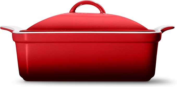 Stoneware Casserole Dish Bakeware with Lid | Covered Square Dinnerware | Medium 2 Quart, [Deep Red]