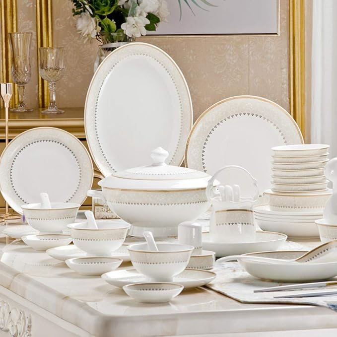 60 Heads ceramic tableware Dish Rice Bowl Salad Noodles Bowl Plate Dinnerware Sets Kitchen Soup Pot AshtrayTableware-WHITE