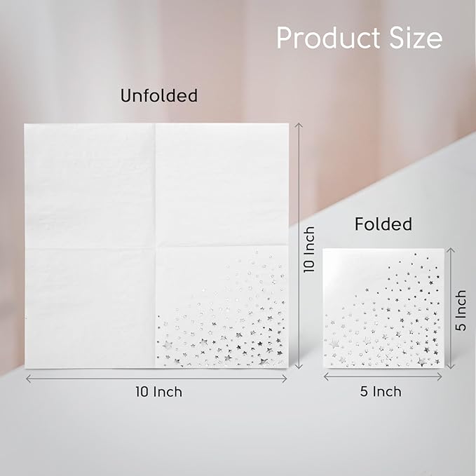 The Essential Concierge 100 White 3-Ply 5x5 Inch Silver Star Cocktail Napkins