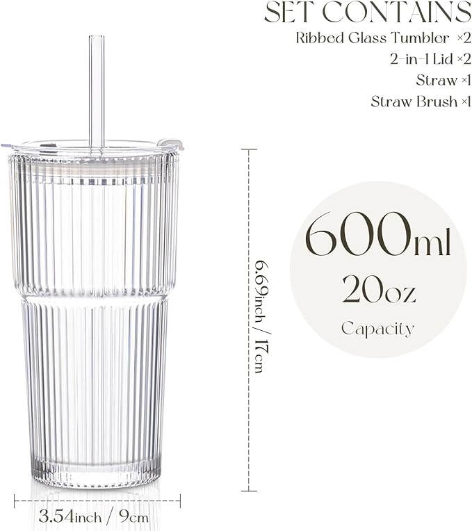 KEMORELA 2-Pack 20 oz Ribbed Glass Tumblers with Lids and Glass Straws – Vintage Iced Coffee Cups, Reusable Smoothie & Cocktail Drinking Glasses, Clear Glassware for Home or Cafe