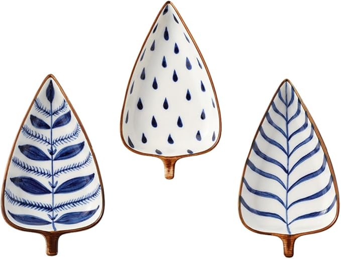 Creative 3pcs Ceramic Appetizer Plates Set with Hand-painted Underglaze Design, Assorted Leaf and Watergrass Patterns, Food-grade Dessert and Sauce Dishes for Serving Random Color