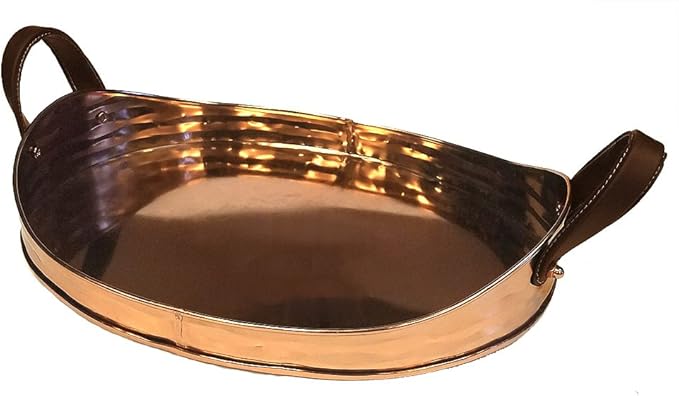 Large Copper Plated Stainless Steel Serving Tray With Comfortable Faux Leather Handle | Ornate Decorative Tray | Serving Meals, Appetizers & Beverages | Kitchen Countertop - 17" x 13" x 3.5"