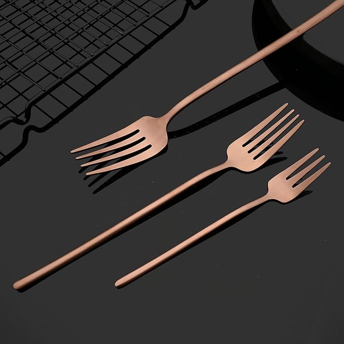 JASHII Modern Design 304 Stainless Steel 5.3" Tea Fork Set,3 prong Small Cake Fruit Forks and 5.4" Coffee Spoons Frosted Handle for Coffee Ice Cream Sugar Parties Events Wedding - Rose Gold