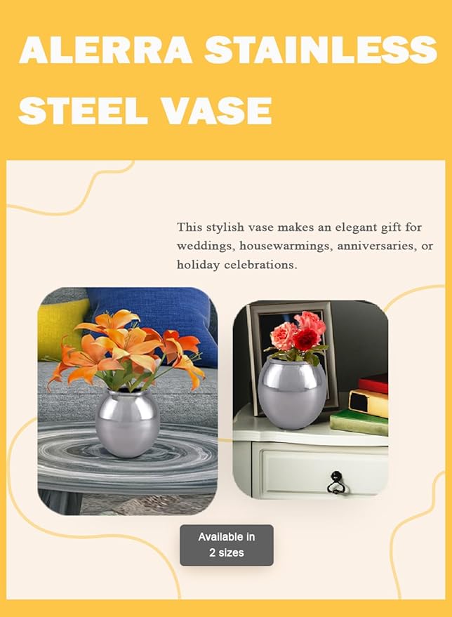 Serene Spaces Living Alerra Stainless Steel Vase, Round Modern Silver Flower Vase, Minimalist Metal Accent for Home, Office, Wedding, or Event Centerpiece, 4.5" Diameter & 4.5" Tall, Pack of 8