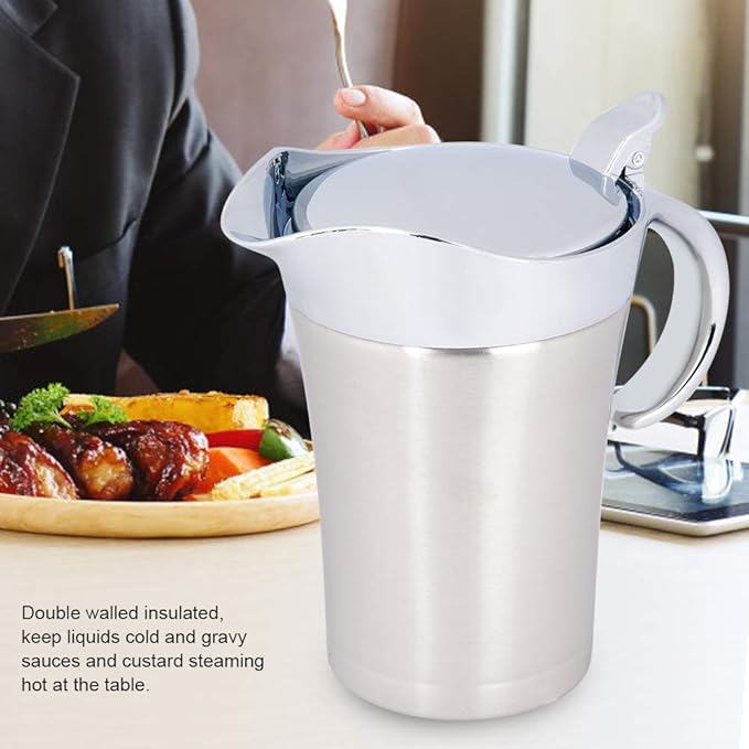 Gravy Boat Creamer Pitcher 304 Stainless Steel Thermal Insulated Double Wall Syrup Pitcher with Lid Serving Jug for Store Gravy Custard Milk (Large 750ml)