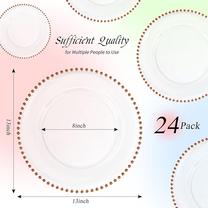 24 Pack Clear Charger Plates with Beaded Rim, 13 Inch Plastic Chargers for Dinner Plates Acrylic Round Tabletop Decoration for Home Kitchen Catering Wedding Table Event Party Dinner (Orange)