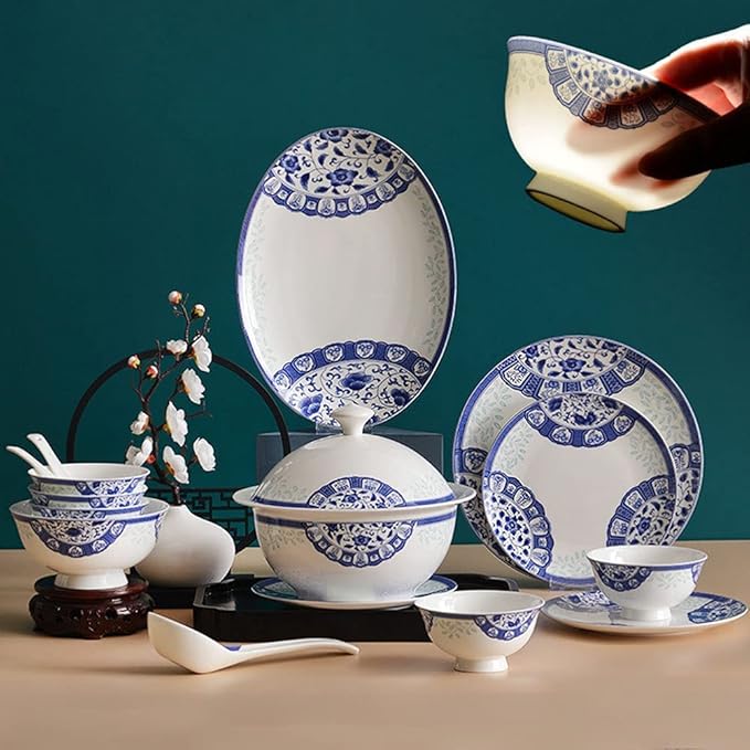 Creativity Ceramic Dinner Plate Sets, 58 Piece Dinnerware Set Service for 6-8, Blue and White Pattern Bone China Bowls and Dish Set