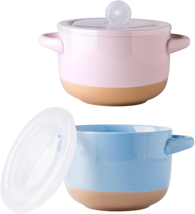 AmorArc 24 Ounces Soup Bowls with Large Handles and Lids, Stoneware Bowls Set of 2 for Soup, Cereal, Stew, Noodle, Colourful Ceramic Kitchen Bowls, Microwave&Dishwasher Safe, Blue&Pink