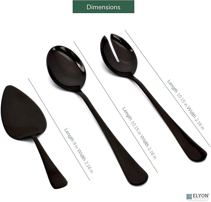 Elyon 3-Piece Black Flatware Serving Spoons, Stainless Steel Hostess Set, Reflective Mirror Finish, Salad Servers with Complimentary Pie Pastry Server, Reusable Dishwasher Safe