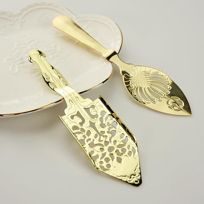 Flylin 2 Pcs Stainless Steel Absinthe Spoons, Vintage Style Absinthe Dripper with 2 Types, Ice Cube Mesh Filter Wormwood Spoon Strainer Spoon for Bar Cocktail Tea Coffee (Gold)