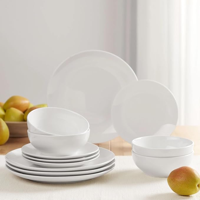 12-Piece Glazed White Stoneware Dinnerware Set - Service for 4, Plates & Bowls, Microwave & Dishwasher Safe