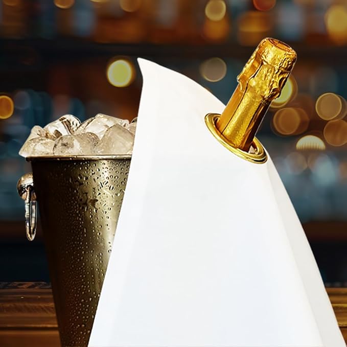 Classic Collection, Bottle Cloth with Metal Ring for Ice Buckets, Cotton, 42 cm, Corner Hole (White with Gold Metal Ring, Pack of 10)
