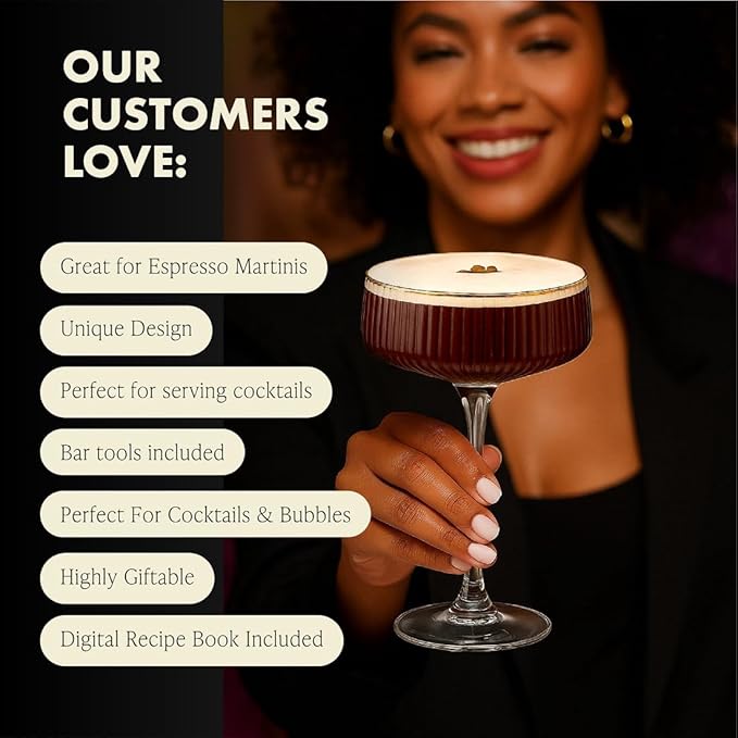 VEMACITY - Ribbed Espresso Martini Glasses Set of 4 with Gold Rims - Vintage Cocktail Glasses for Margaritas, Champagne and More - Includes Jigger & Bar Spoon | Ideal for Martinis and Cocktails