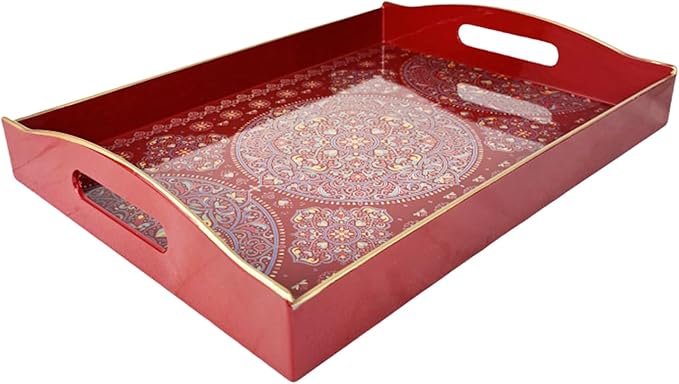 Boho Red Decorative Tray, Serving Tray with Handles, Plastic Tray for Coffee Table, Ottoman - Ideal for Living Room & Bathroom. 15” x 11” x 2.5”