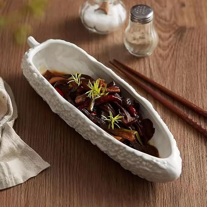 Reusable Plates Creative White Ceramic Vegetable Shape Plate Appetizer Home Long Deep Hotel Restaurant Tableware(12.8inch)