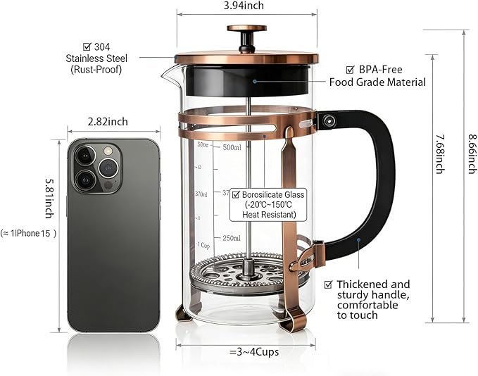 Coffee Maker 304 Stainless Steel French Press with 4 Filter, Heat Resistant Durable, Borosilicate Glass Coffee Press, 100% BPA Teapot, 34ounce, copper