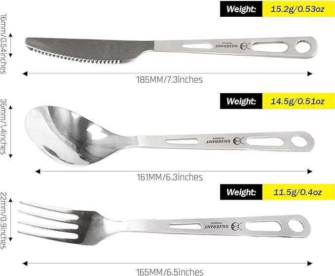SILVERANT Titanium Camping Flatware, Knife Fork & Spoon 3 Piece Camping Cutlery Set Lightweight Tableware for Lunch Box Outdoor Camping & Hiking, Comes with Drawstring Bag & Carabiner- Polished