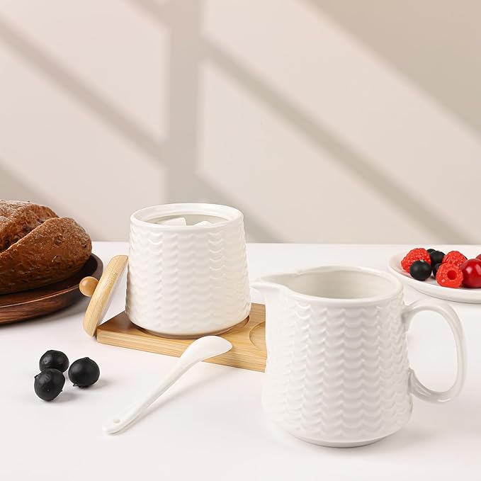 Ceramic Sugar and Creamer Set, Porcelain Coffee Serving Set with Cream Pitcher, Sugar Bowl, Lid & Spoon, 10 Ounce Creamer Container and Sugar Pot (CTNAI231)