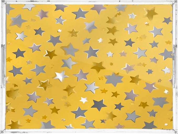 Serving Tray with Handles Clear Acrylic Tray 12x16 Inch Decorative Rectangular Tray Organizer for Ottoman Coffee Table Bathroom Silver and Golden Stars