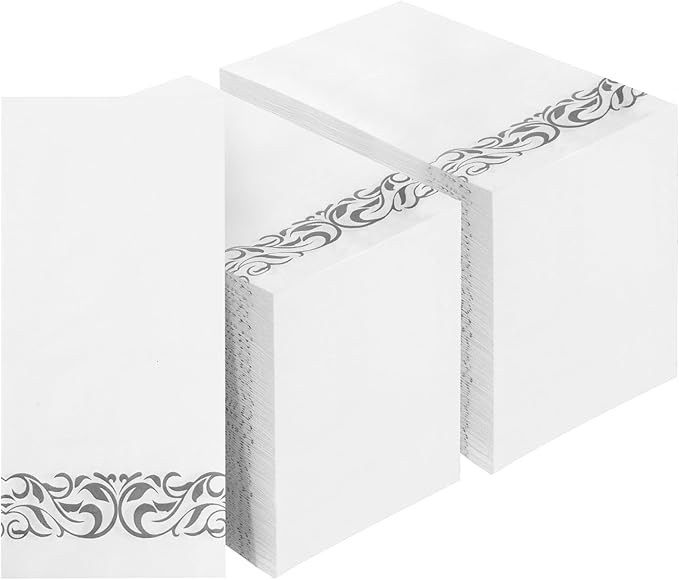 BESTVIP 200 Pack Disposable Paper Napkins, 3-Ply Dinner Napkins with Silver Trim for Guests, Bathroom Paper Hand Towels Soft & Absorbent, Perfect for Christmas, Kitchen, Dinner, Party, Wedding, Event