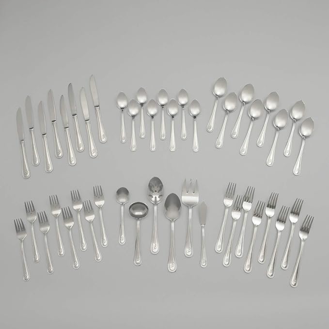 RiverRidge Monogrammed Beaded Flatware Set - C - 46-Piece Silverware with Custom Letter Stamp, 18/0 Stainless Steel Utensils Set for Daily Use & Special Occasions - Dishwasher Safe, Versatile Design