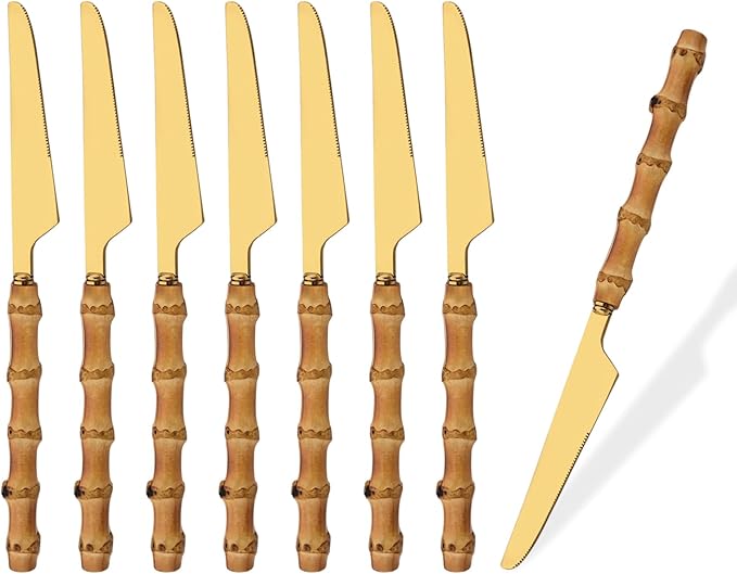 Stainless Steel Flatware Set, Bamboo Handle Silverware Set, Reusable Eating Utensils for Home Kitchen and Restaurant, Modern Gold Cutlery Set, 8 Pieces Dinner Knives