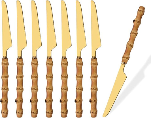 Stainless Steel Flatware Set, Bamboo Handle Silverware Set, Reusable Eating Utensils for Home Kitchen and Restaurant, Modern Gold Cutlery Set, 8 Pieces Dinner Knives