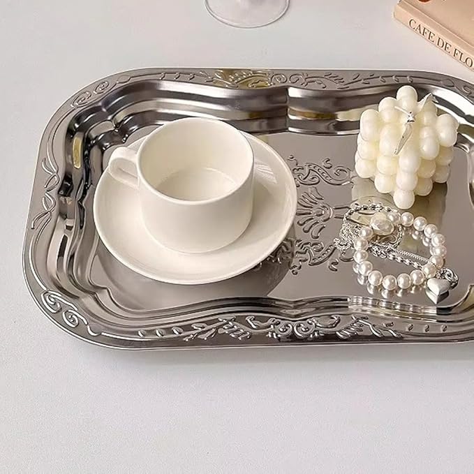 Stainless Steel Dessert Plate Vintage Embossed Cake Tray Jewelry Storage Organizer Snack Plate Serving Plate Tableware