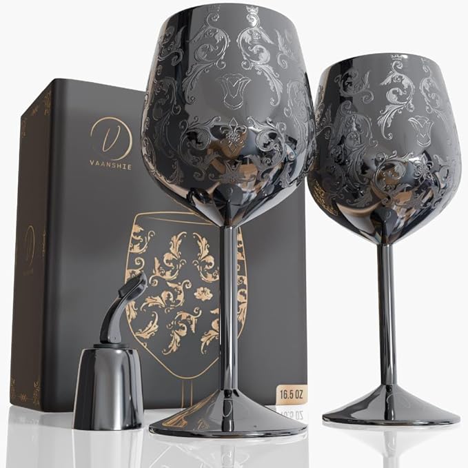 17oz Stainless Steel Wine Glasses [Set of 2] – Black Royal Goblets with Intricate Baroque Engravings, Unbreakable and Shatterproof Wine Cups with Bottle Stopper Ideal for Mother's Day Gift